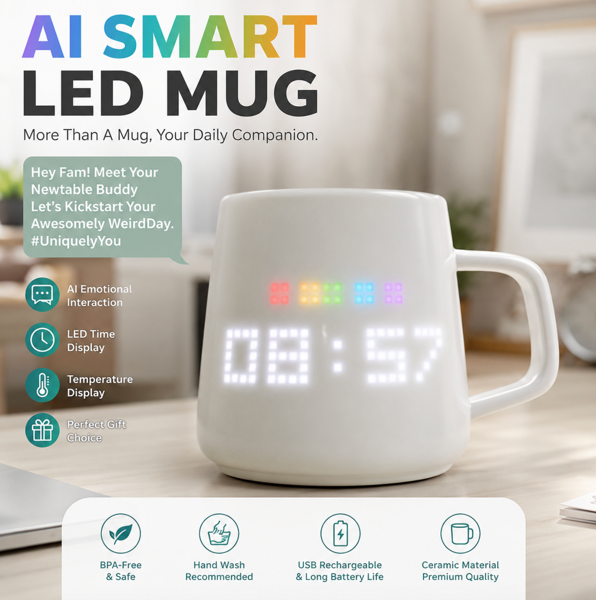 AI Smart LED Temperature Display Mug – Rechargeable