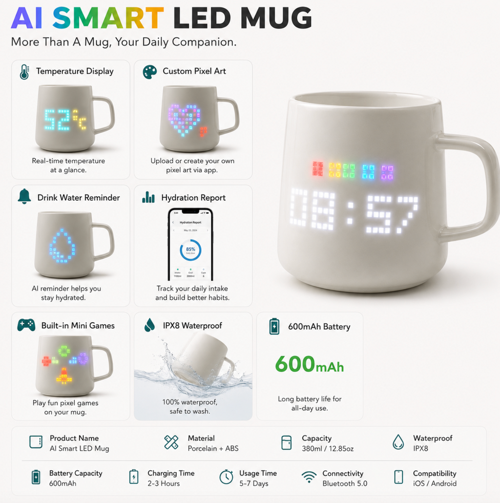 AI Smart LED Temperature Display Mug – Rechargeable